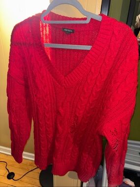 wild fable Bright Red Cable V-Neck distressed Sweater